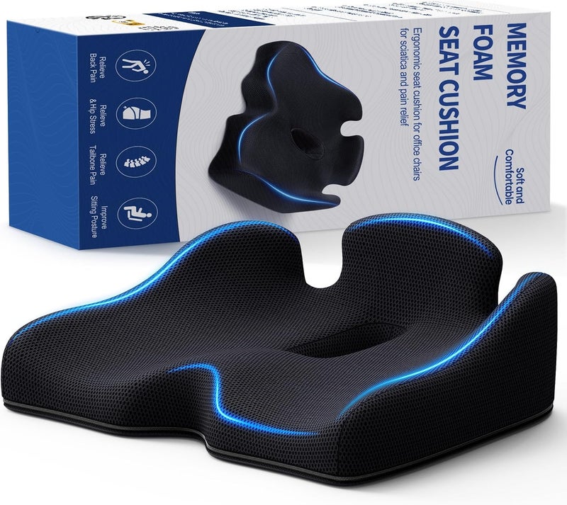 Benazcap Standard Memory Seat Cushion for Office Chair Pressure Relief Sciatica & Tailbone Pain Relief Firm Coccyx Pad for Long Sitting, Office Chair, Gaming Chair and Car Seat-Black, Standard Size - Image 1